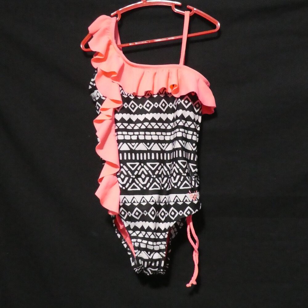 One-Shoulder Black, White, and Pink One Piece Swimsuit With Ruffles | 7-8 years